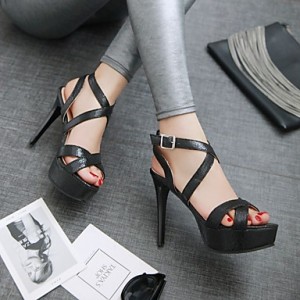 Women's Spring / Summer / Fall Peep Toe Leatherette Outdoor / Dress / Casual Stiletto Heel Buckle Black / Silver / Gold