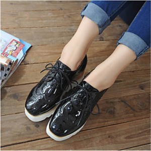 Women's Shoes Patent Leather Wedge Heel Square Toe Oxfords Casual Black/White